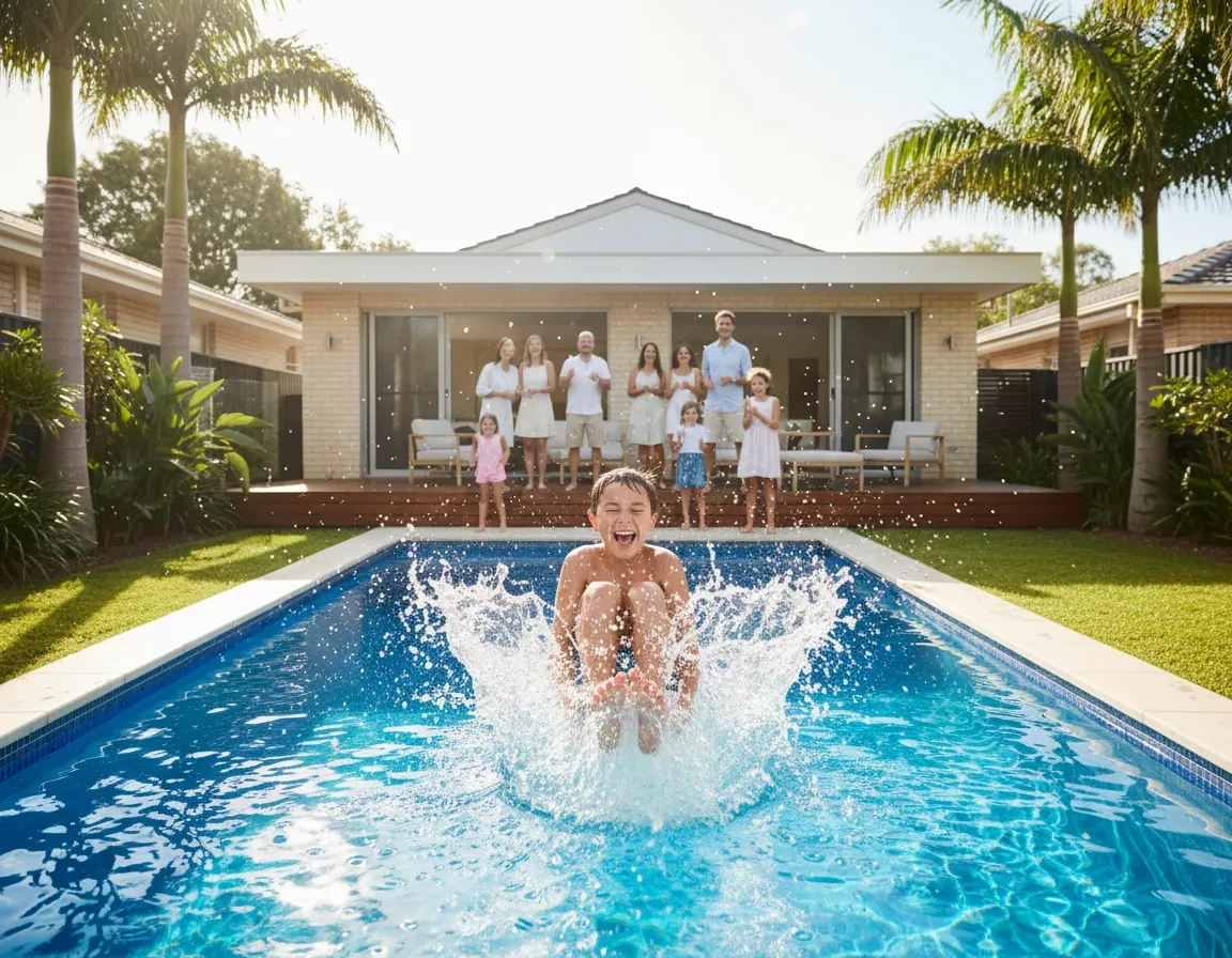 A child leaping into a clear backyard pool in a cannonball while the family watches from the deck