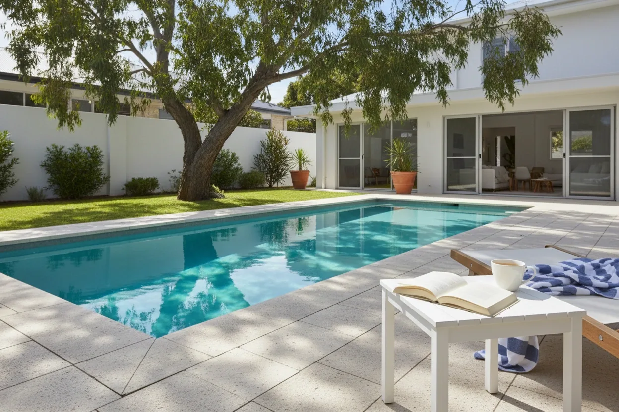 A quiet Saturday morning by a clean pool, coffee and an open book on a side table